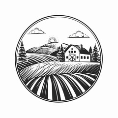 Rustic Farm Landscape Hand-Drawn Illustration vector isolated on white background.