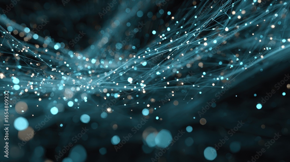 Poster abstract network flows, nodes glowing, connection lines, blurred background. data visual