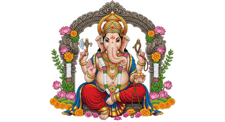 Colorful illustration of Hindu deity with elephant head, adorned in traditional attire, sitting on lotus with ornate arch, holding symbolic objects, surrounded by flowers, radiating calmness