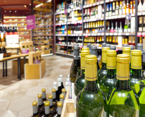defocused alcohol (wine, champagne, liquor, whiskey) on store shelves