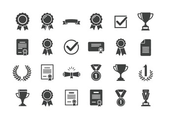 Collection of award and achievement icons including medals, trophies, and certificates
