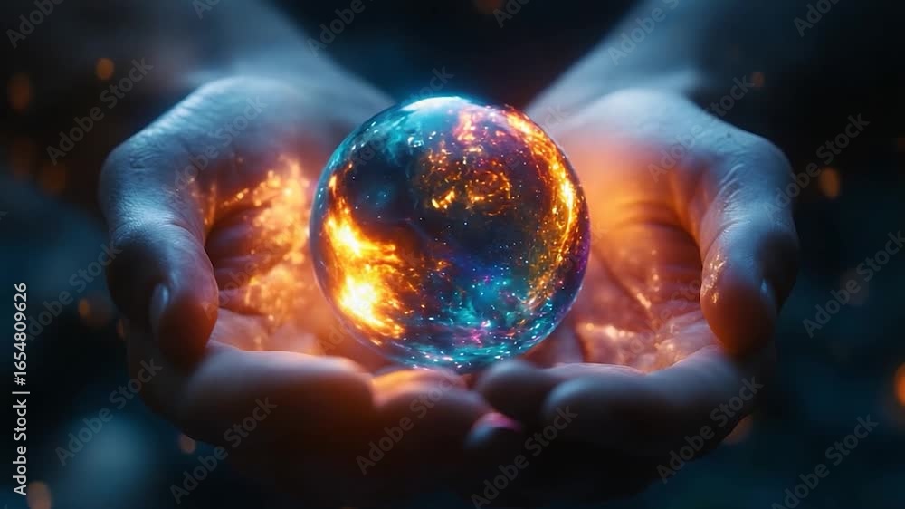 Poster cosmic orb held in hands: a glimpse into the universe's fiery core and starlit depths