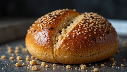 Close-up of a golden-brown seeded bun, showcasing its intricate texture and the glistening glaze.
