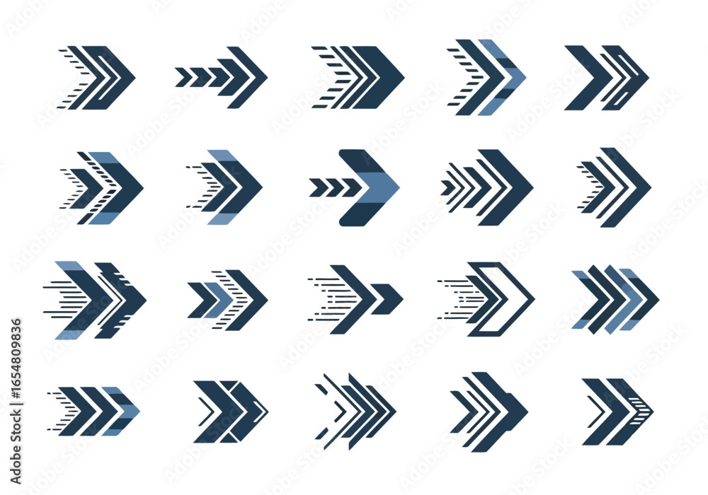 Poster set of modern abstract arrow icons representing direction, progress, and speed in various styles
