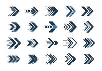 Set of modern abstract arrow icons representing direction, progress, and speed in various styles
