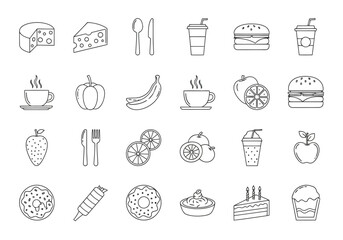 Fototapeta premium Assortment of food and drink icons in a simple line art style, isolated on white background