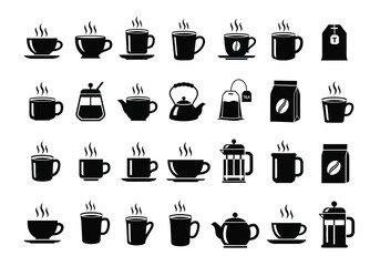 Collection of coffee and tea icons, including cups, mugs, kettles, and tea bags, isolated on white background