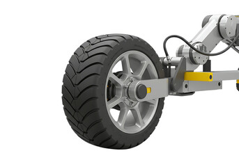Closeup of a car wheel attached to a robotic arm isolated on transparent background