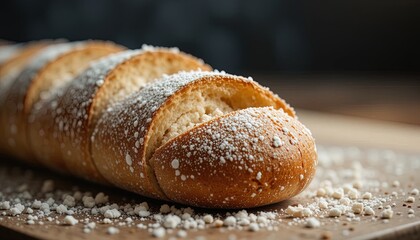 Naklejka premium Close-up view of a long loaf of bread, dusted with powdered sugar, displayed on a wooden surface.