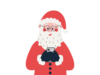 Happy Santa Claus holding smartphone in his hands. Vector illustration on isolated white background