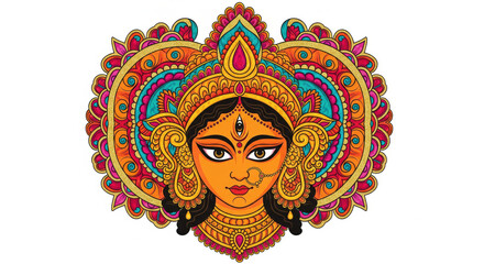 Fototapeta premium Colorful goddess face traditional Indian art ornate headdress vibrant mandala pattern spiritual festive cultural decorative symmetrical joyful expression