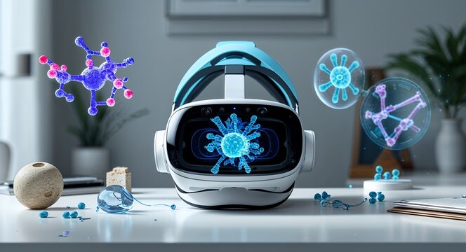 Virtual reality headset displaying scientific molecules on a white desk in a bright room
