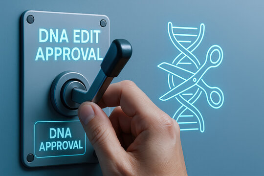 DNA edit approval DNA approval hand lever scissors DNA strand gene editing biotechnology genetic modification futuristic technology science innovation medical research laboratory genetic