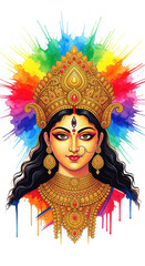 Fototapeta premium Beautiful goddess portrait traditional jewelry golden crown colorful watercolor splash Indian woman divine spiritual ethnic festive vibrant serene expression