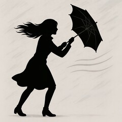 Silhouette of a woman battling strong winds with an umbrella