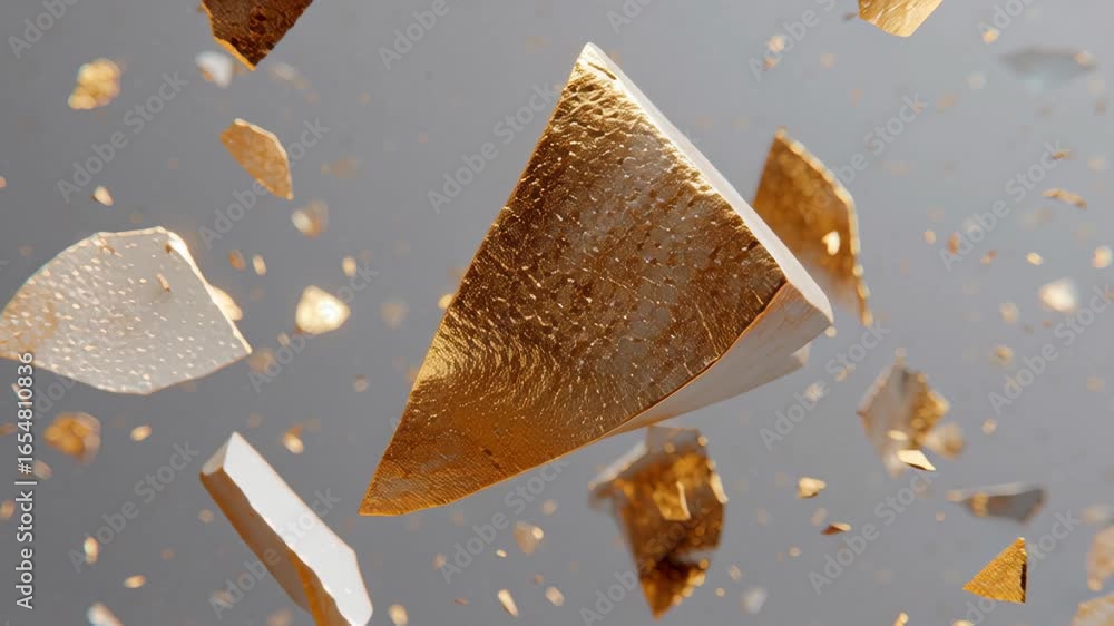 Aufkleber surreal abstract artwork featuring floating gold and white shards in dynamic composition