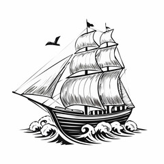 Vintage Sailing Ship on Ocean Waves Vector Drawing isolated on white background.