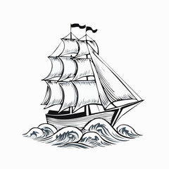 Vintage Sailing Ship on Ocean Waves Vector Drawing isolated on white background.