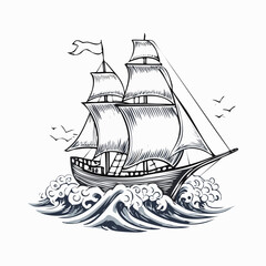 Vintage Sailing Ship on Ocean Waves Vector Drawing isolated on white background.