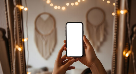 Blank smartphone screen mockup in cozy room with fairy lights and macrame wall hangings perfect for app presentation website design or social media marketing