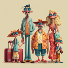 Cartoon Family Tourists on Vacation with Playful Colors