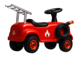 Miniature ride-on fire truck with ladder and water hose for pretend play