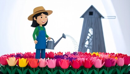 A cheerful cartoon gardener waters vibrant tulips in a flowerbed, next to a charming gray windmill.