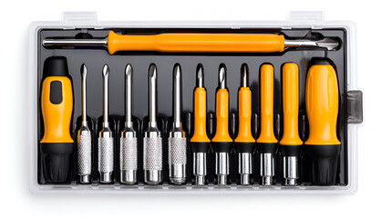 Screwdriver set in a clear plastic case neatly organized yellow and black handles various sizes