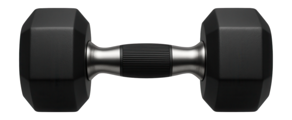 Rubber-encased dumbbell with contoured handles and black finish for strength training
