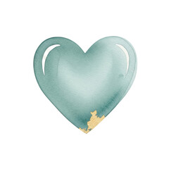 Singular heart, soft muted teal watercolor illustration, subtle brushstrokes, delicate gold leaf accent, isolated on transparent background, generous negative copy space. Concept of love and purity