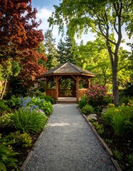 Obraz premium Gazebo in a vibrant garden under a partly cloudy sky