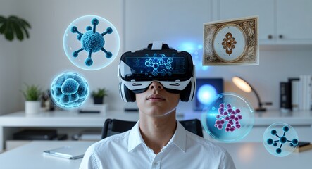 Man wearing vr headset surrounded by floating molecular structures in a bright room