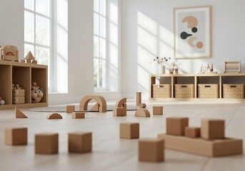Minimalist playroom with wooden blocks and shelves in a light bright and modern room design for children