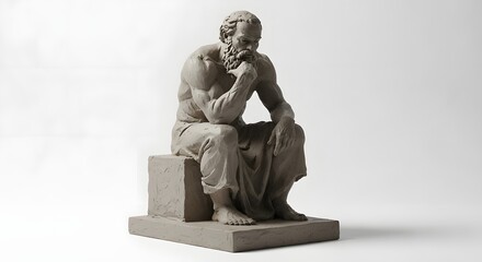 Philosophical sculpture of a bearded man in a pensive pose, symbolizing contemplation, wisdom, and deep thought