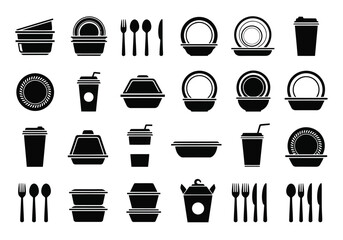 Collection of disposable tableware and cutlery, isolated on white background