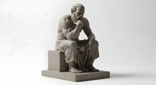 Philosophical sculpture of a bearded man in a pensive pose, symbolizing contemplation, wisdom, and deep thought