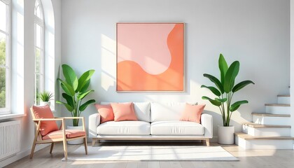 Modern living room interior design with white sofa and contemporary furniture