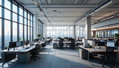 A modern, open-plan office space, bathed in natural light, showcases expansive city views.