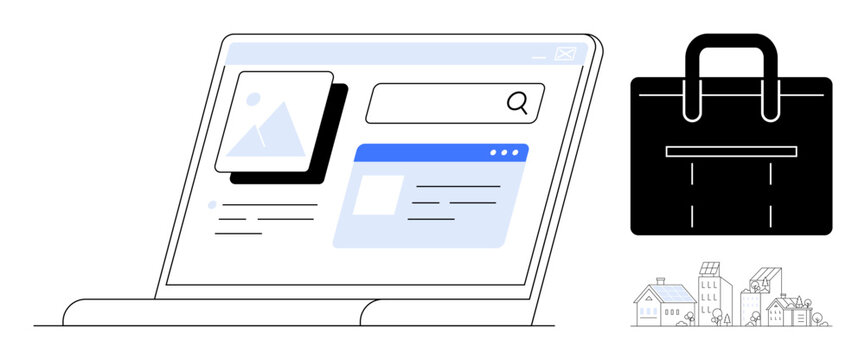 Laptop displaying product search, shopping bag, and small cityscape. Ideal for e-commerce, retail, digital marketing, technology, business growth consumer behavior innovation. Simple flat metaphor