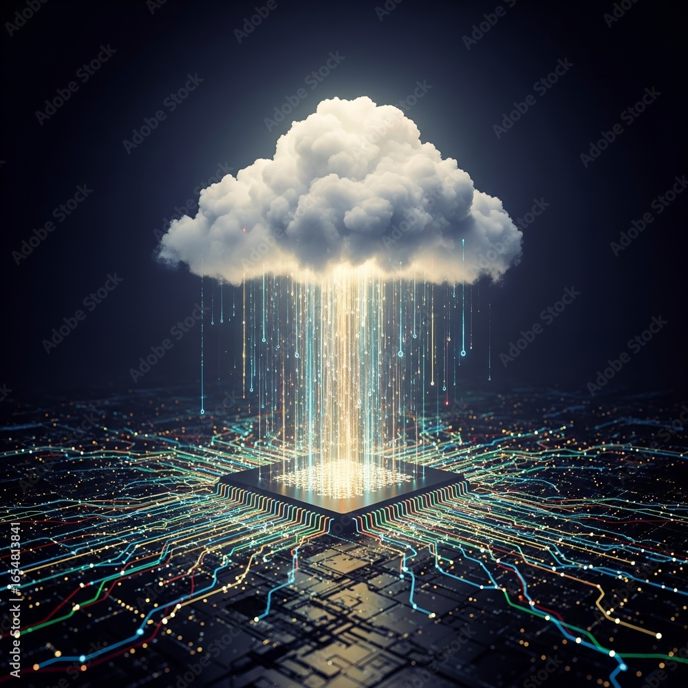 Poster abstract digital cloud computing data stream flowing into futuristic city network infrastructure