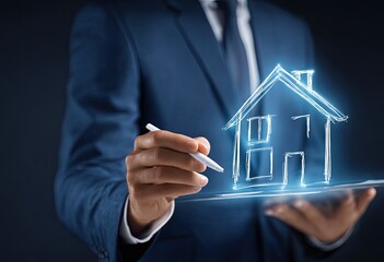 Businessman drawing a house on a tablet