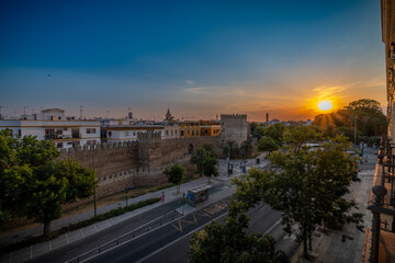Sevilla, España. 1 de julio de 2025. Las amplias calles arboladas cerca del centro histórico de...