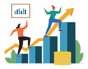 Business growth concept illustration with people climbing bar graph. Teamwork success flat design with upward arrow and bar chart. Business people climbing growth chart with coins and statistics.