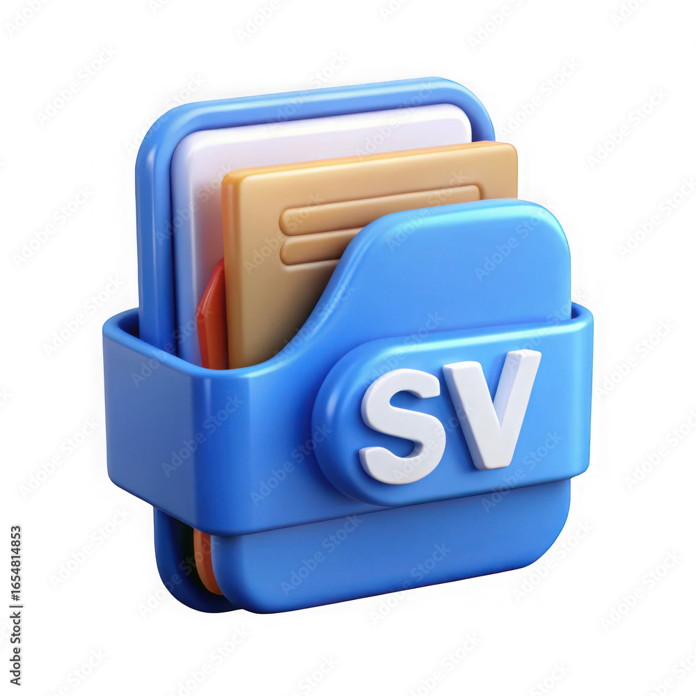Poster blue folder icon with white letters sv and stacked documents files paperwork isolated on a transpare