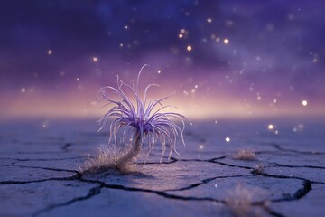 Obraz premium A delicate purple plant stands alone on cracked earth, bathed in a magical twilight sky