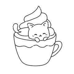 Cat in cup of coffee whipped cream vector line art outline illustration 