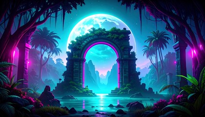 Mystical archway in a vibrant tropical landscape