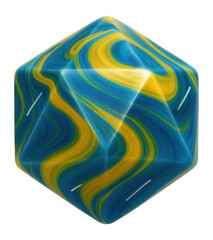 Two-tone swirl d20 die in blue and yellow with white numerals for themed game play