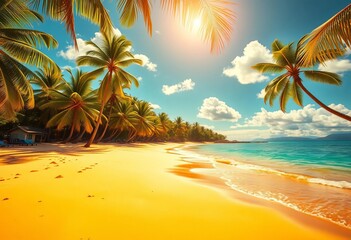 Naklejka premium Golden sand beach bathed in warm sunlight, vibrant tropical scene, hot, idyllic