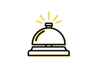 Simple line art icon of a service bell with yellow radiating lines isolated on white background